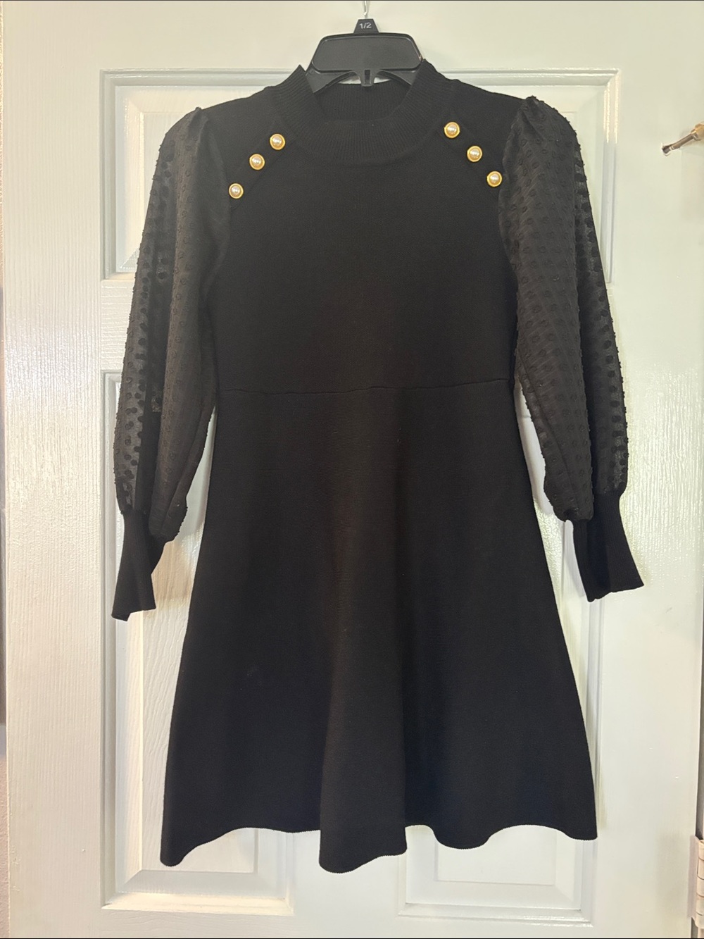Girls' Black Knit Dress with Puff Dot Sheer Sleeves and Gold Button Accents